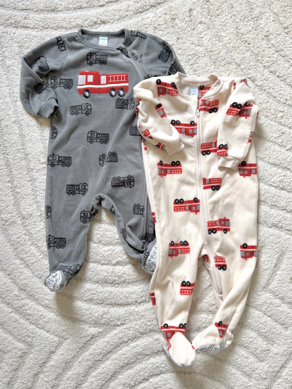 Kids One-Piece Fleece Footed Pajama - Gray and Cream with Red Fire Truck Print